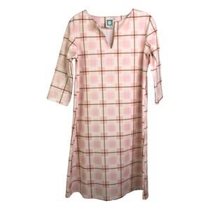 Vera Fishbaugh Dress Womens Pink White Plaid V-Neck Elbow Length Sleeve